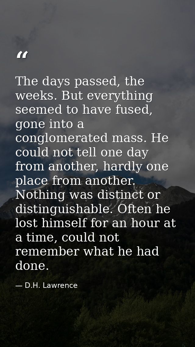 The days passed, the weeks. But everything seemed to have fused, gone into a conglomerated mass. He could not tell one d — D.H. Lawrence