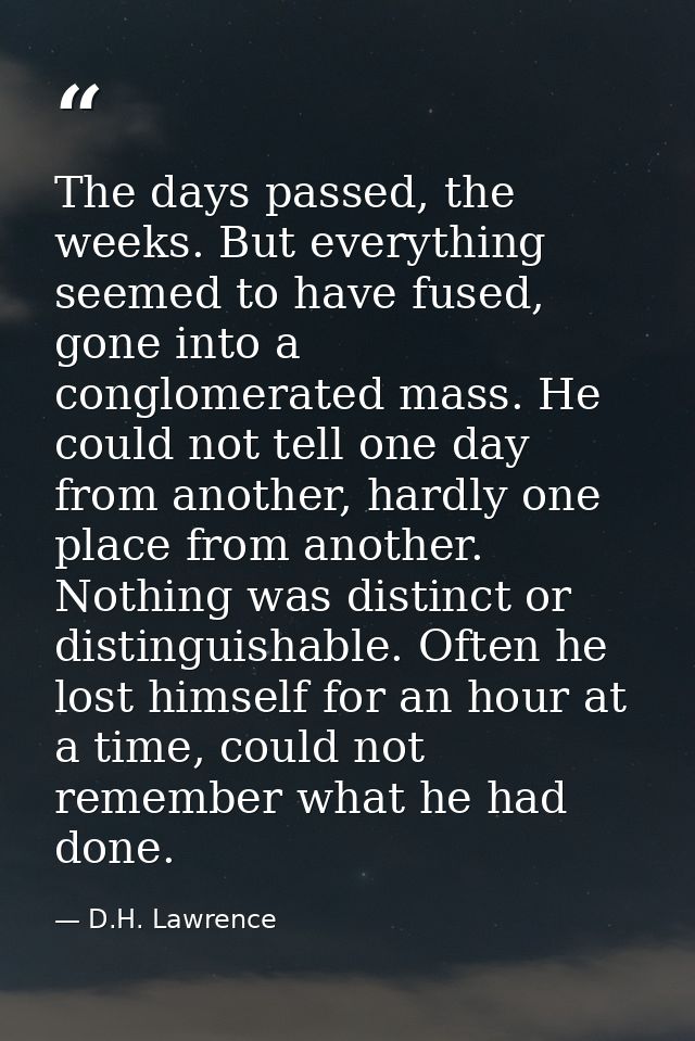 The days passed, the weeks. But everything seemed to have fused, gone into a conglomerated mass. He could not tell one d — D.H. Lawrence