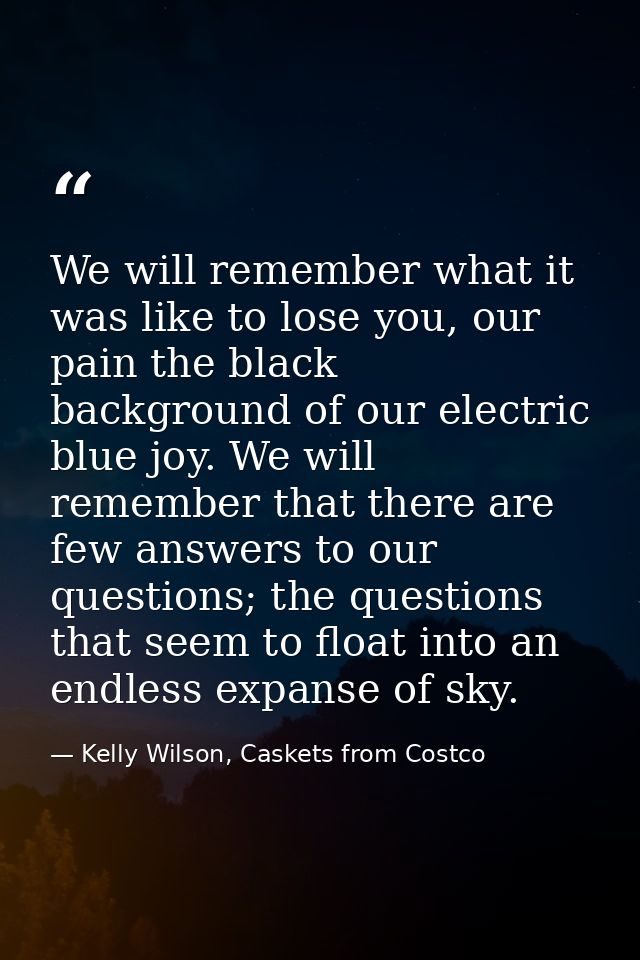 We will remember what it was like to lose you, our pain the black background of our electric blue joy. We will remember  — Kelly Wilson, Caskets from Costco