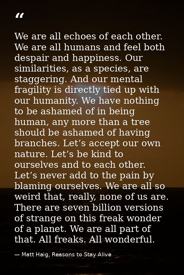 We are all echoes of each other. We are all humans and feel both despair and happiness. Our similarities, as a species,  — Matt Haig, Reasons to Stay Alive