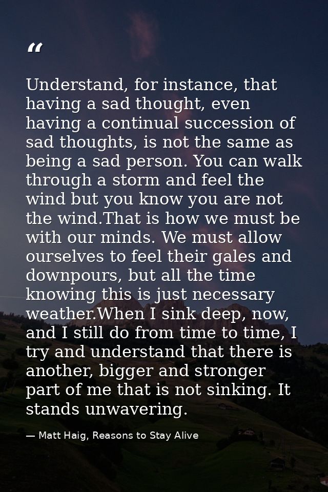 Understand, for instance, that having a sad thought, even having a continual succession of sad thoughts, is not the same — Matt Haig, Reasons to Stay Alive