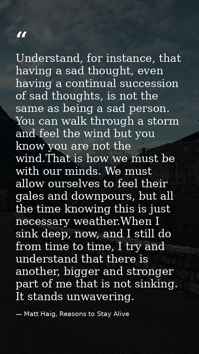 Understand, for instance, that having a sad thought, even having a continual succession of sad thoughts, is not the same — Matt Haig, Reasons to Stay Alive