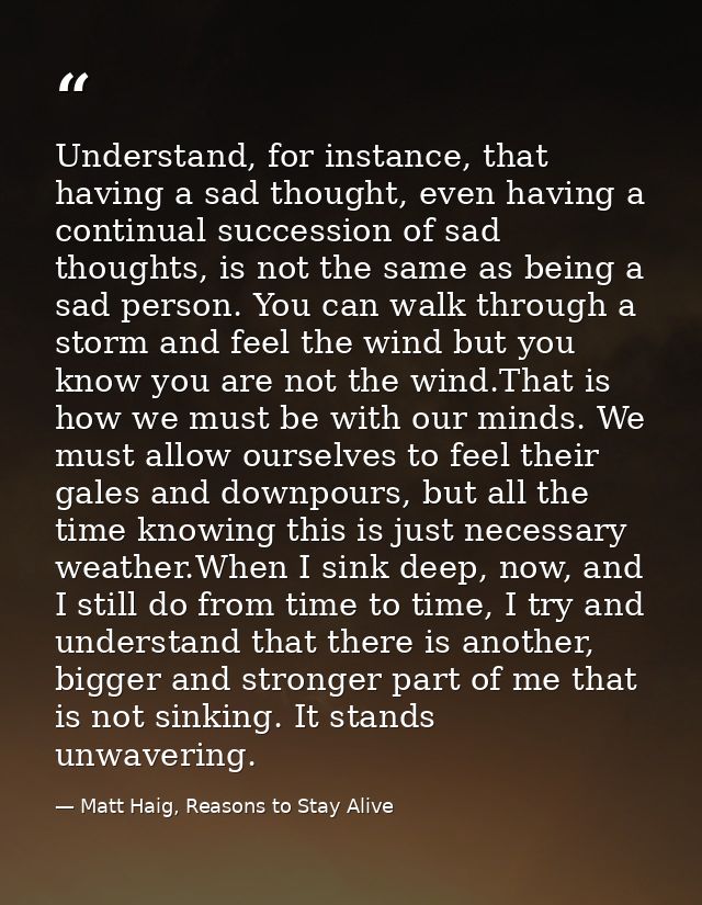 Understand, for instance, that having a sad thought, even having a continual succession of sad thoughts, is not the same — Matt Haig, Reasons to Stay Alive