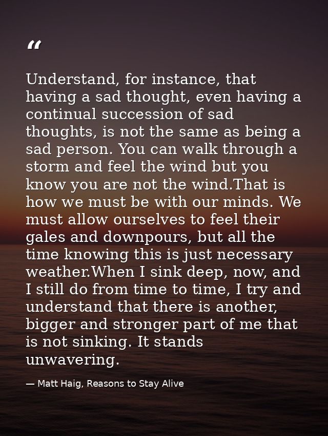 Understand, for instance, that having a sad thought, even having a continual succession of sad thoughts, is not the same — Matt Haig, Reasons to Stay Alive