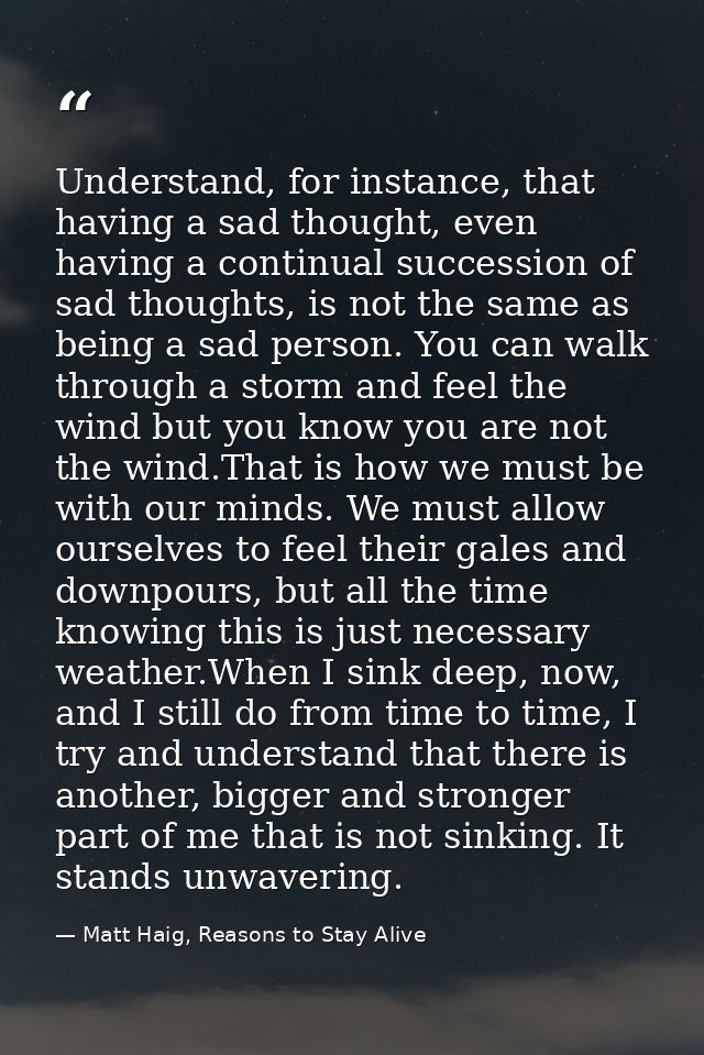 Understand, for instance, that having a sad thought, even having a continual succession of sad thoughts, is not the same — Matt Haig, Reasons to Stay Alive