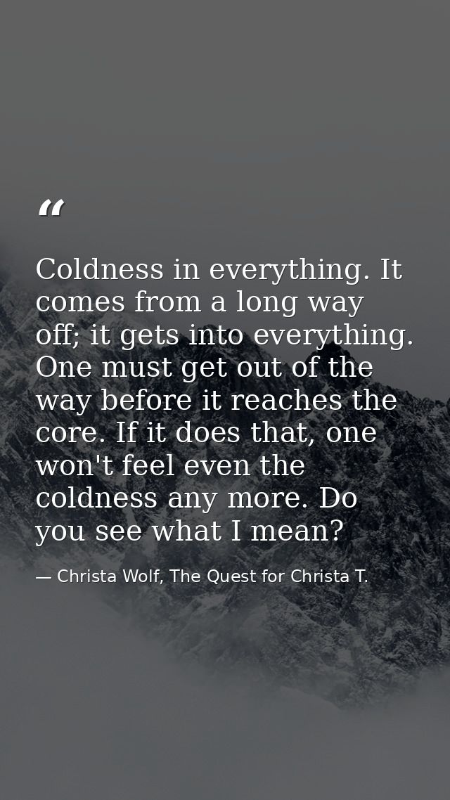 Coldness in everything. It comes from a long way off; it gets into everything. One must get out of the way before it rea — Christa Wolf, The Quest for Christa T.