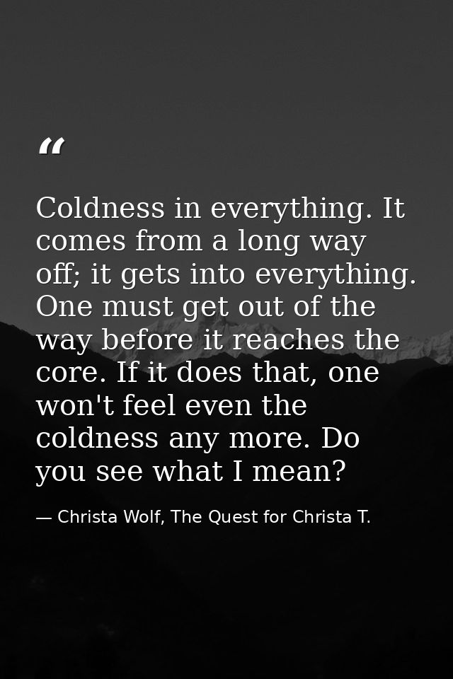 Coldness in everything. It comes from a long way off; it gets into everything. One must get out of the way before it rea — Christa Wolf, The Quest for Christa T.