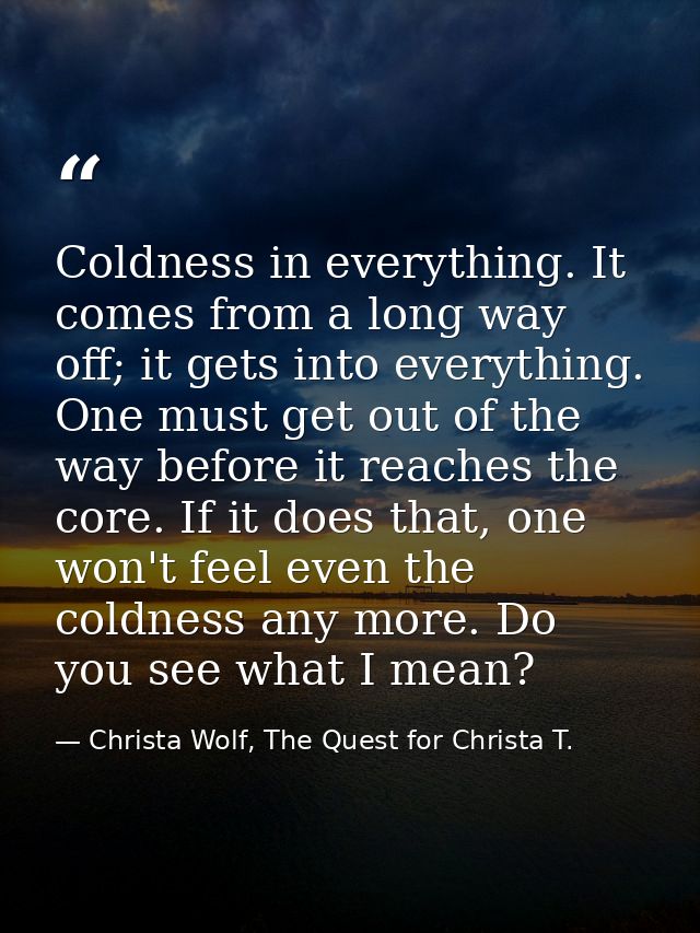 Coldness in everything. It comes from a long way off; it gets into everything. One must get out of the way before it rea — Christa Wolf, The Quest for Christa T.