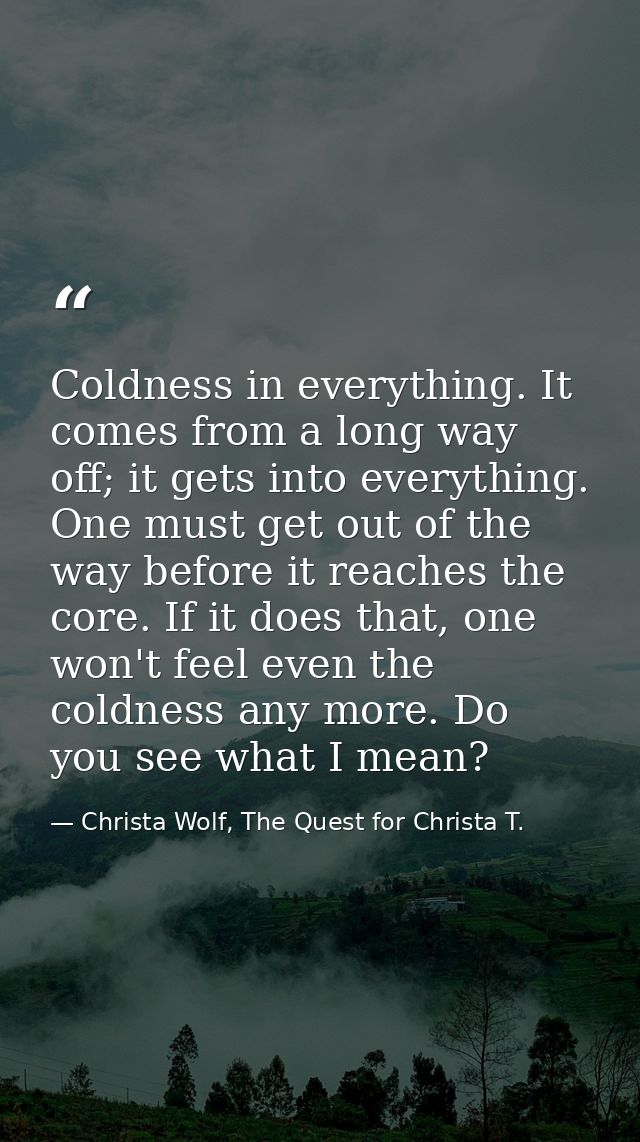 Coldness in everything. It comes from a long way off; it gets into everything. One must get out of the way before it rea — Christa Wolf, The Quest for Christa T.