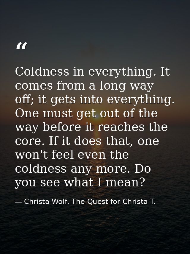 Coldness in everything. It comes from a long way off; it gets into everything. One must get out of the way before it rea — Christa Wolf, The Quest for Christa T.