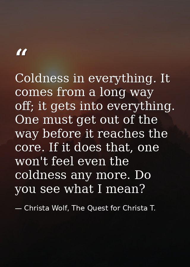 Coldness in everything. It comes from a long way off; it gets into everything. One must get out of the way before it rea — Christa Wolf, The Quest for Christa T.