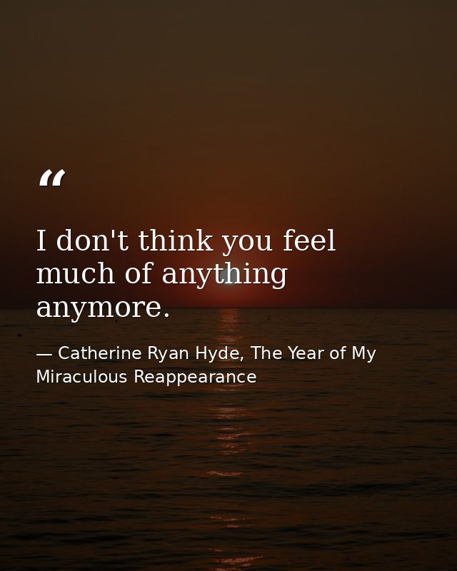 I don't think you feel much of anything anymore. — Catherine Ryan Hyde, The Year of My Miraculous Reappearance