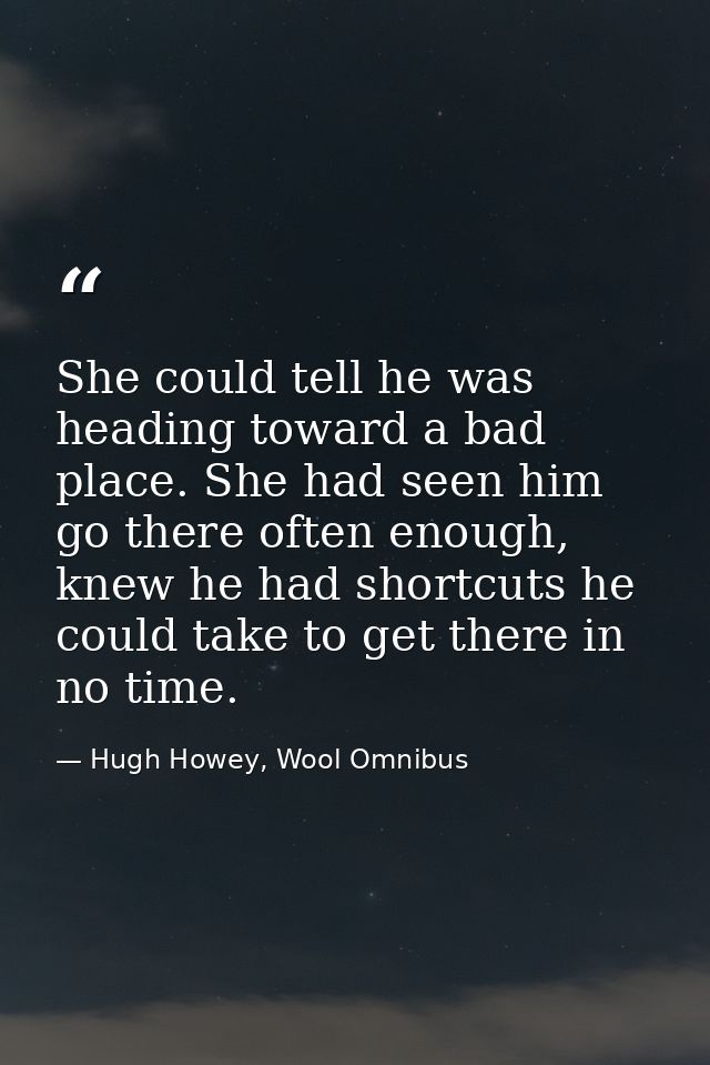 She could tell he was heading toward a bad place. She had seen him go there often enough, knew he had shortcuts he could — Hugh Howey, Wool Omnibus