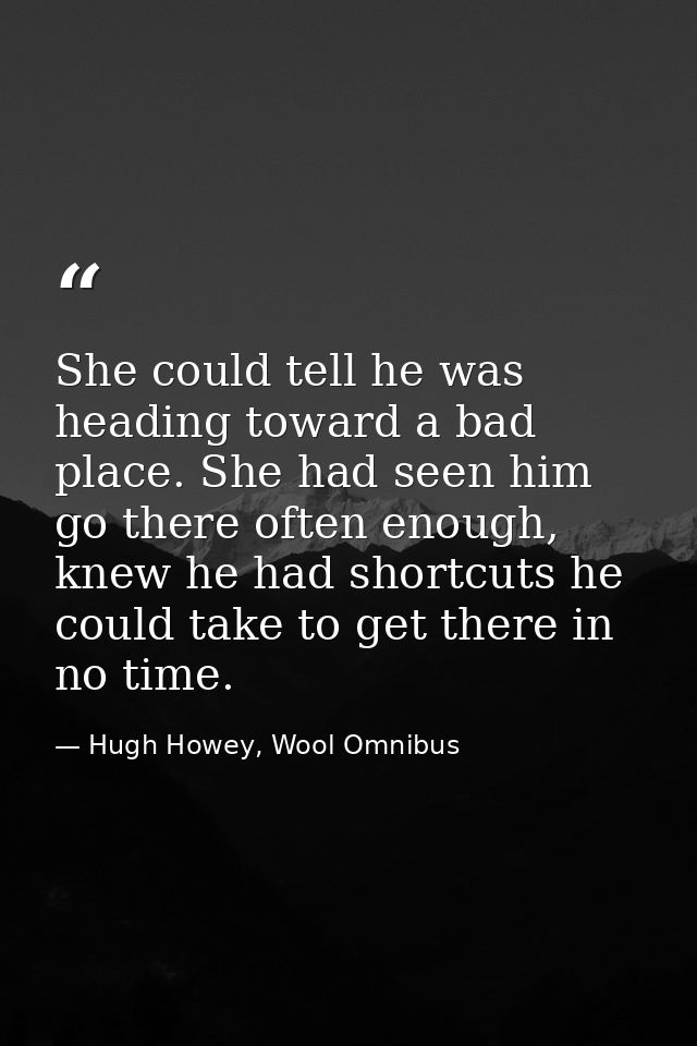 She could tell he was heading toward a bad place. She had seen him go there often enough, knew he had shortcuts he could — Hugh Howey, Wool Omnibus