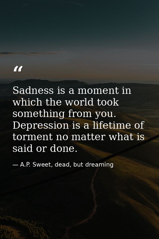 Sadness is a moment in which the world took something from you. Depression is a lifetime of torment no matter what is sa — A.P. Sweet, dead, but dreaming