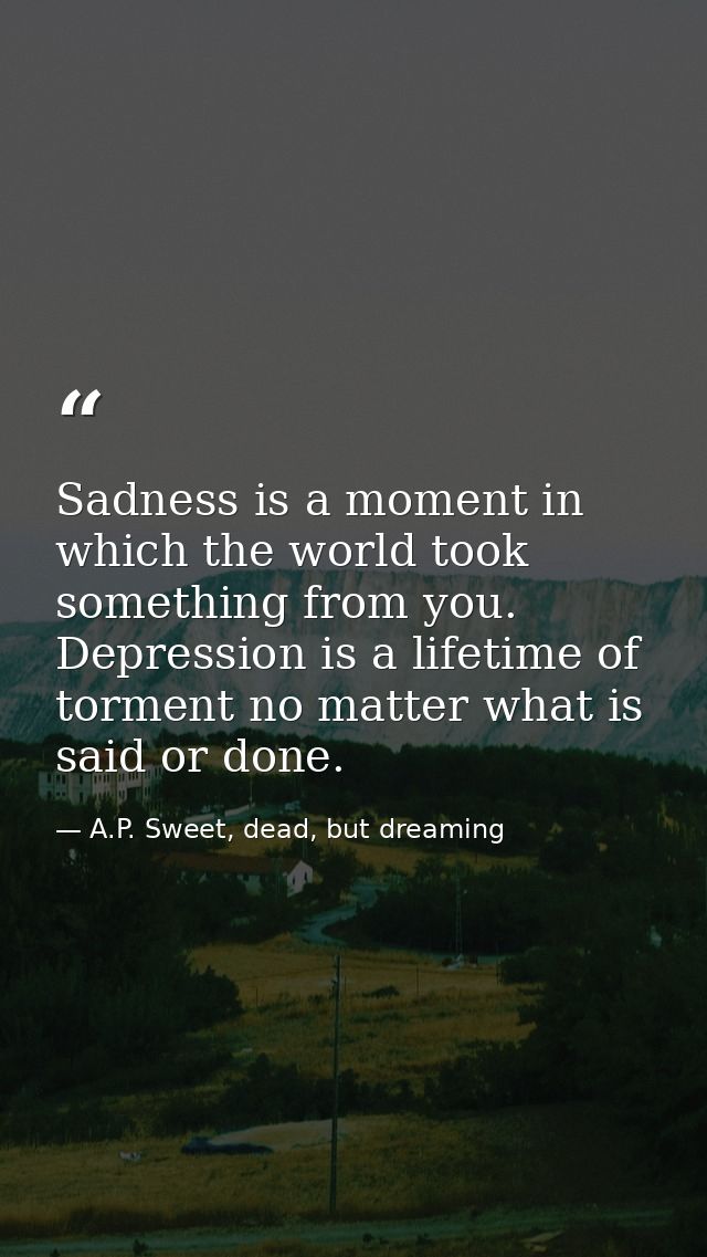 Sadness is a moment in which the world took something from you. Depression is a lifetime of torment no matter what is sa — A.P. Sweet, dead, but dreaming