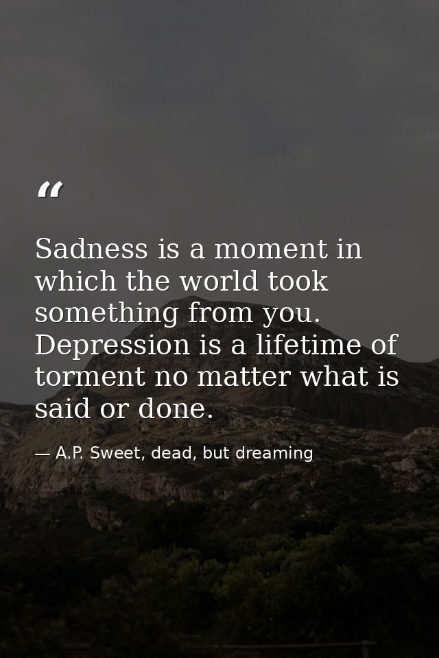 Sadness is a moment in which the world took something from you. Depression is a lifetime of torment no matter what is sa — A.P. Sweet, dead, but dreaming