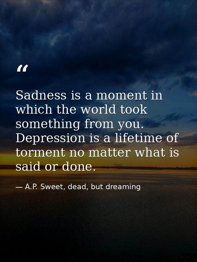 Sadness is a moment in which the world took something from you. Depression is a lifetime of torment no matter what is sa — A.P. Sweet, dead, but dreaming