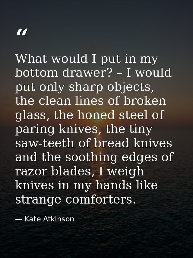 What would I put in my bottom drawer? – I would put only sharp objects, the clean lines of broken glass, the honed steel — Kate Atkinson