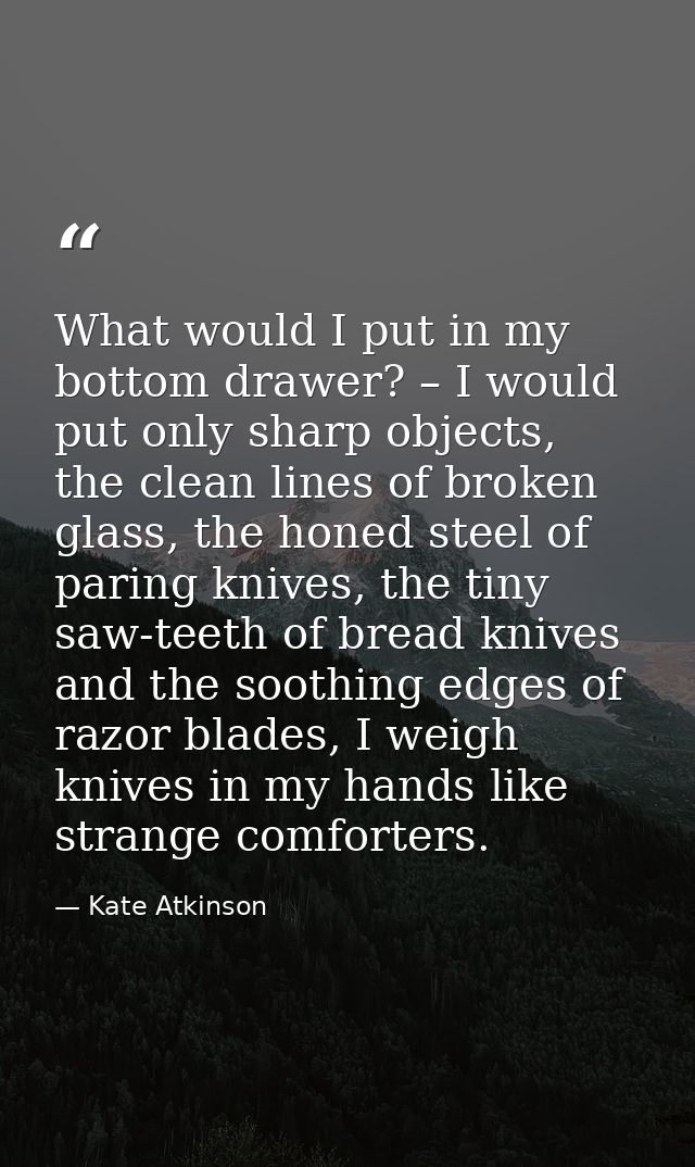 What would I put in my bottom drawer? – I would put only sharp objects, the clean lines of broken glass, the honed steel — Kate Atkinson