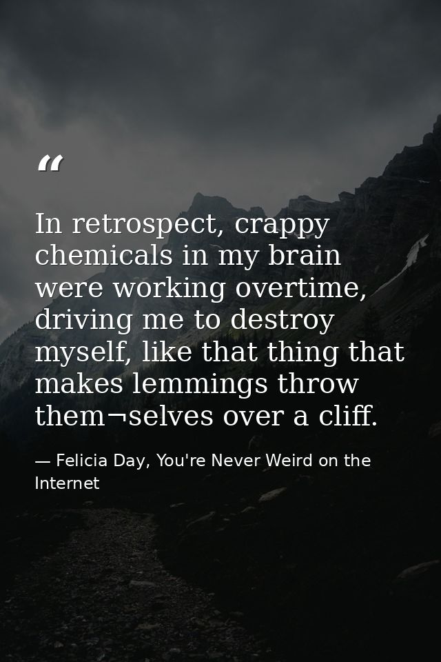 In retrospect, crappy chemicals in my brain were working overtime, driving me to destroy myself, like that thing that ma — Felicia Day, You're Never Weird on the Internet