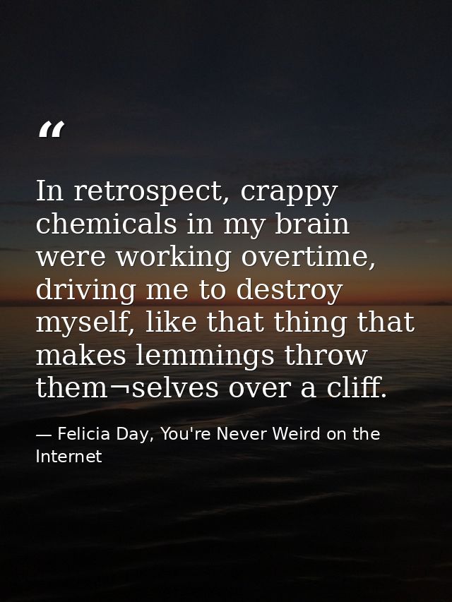In retrospect, crappy chemicals in my brain were working overtime, driving me to destroy myself, like that thing that ma — Felicia Day, You're Never Weird on the Internet