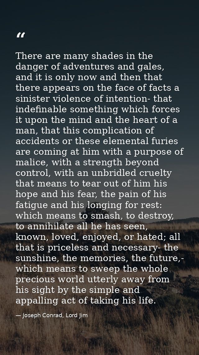There are many shades in the danger of adventures and gales, and it is only now and then that there appears on the face  — Joseph Conrad, Lord Jim