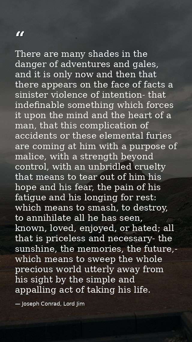 There are many shades in the danger of adventures and gales, and it is only now and then that there appears on the face  — Joseph Conrad, Lord Jim