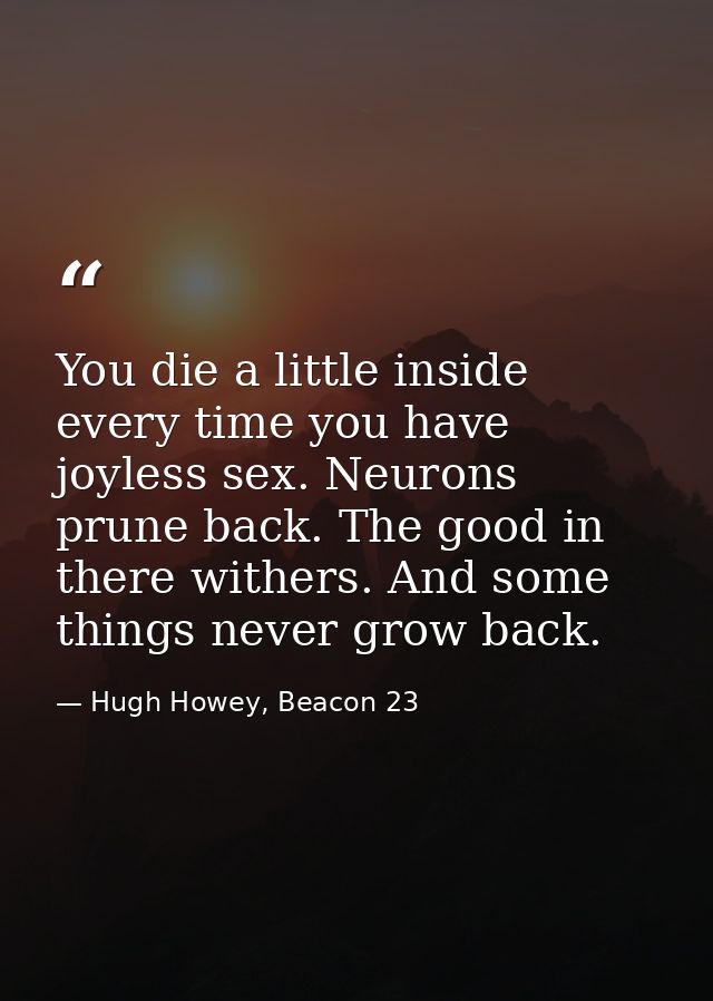 You die a little inside every time you have joyless sex. Neurons prune back. The good in there withers. And some things  — Hugh Howey, Beacon 23