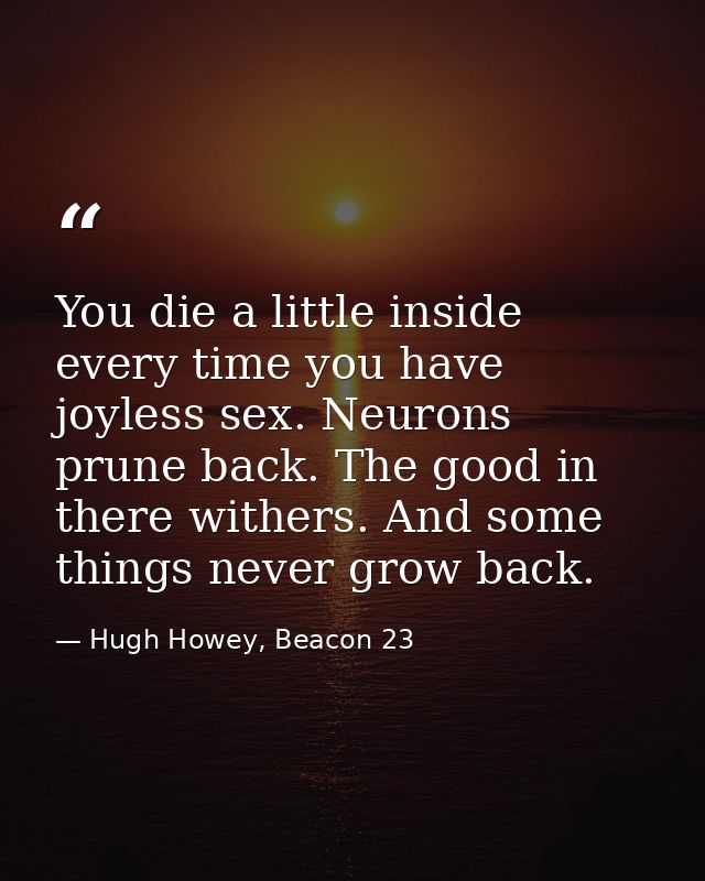 You die a little inside every time you have joyless sex. Neurons prune back. The good in there withers. And some things  — Hugh Howey, Beacon 23