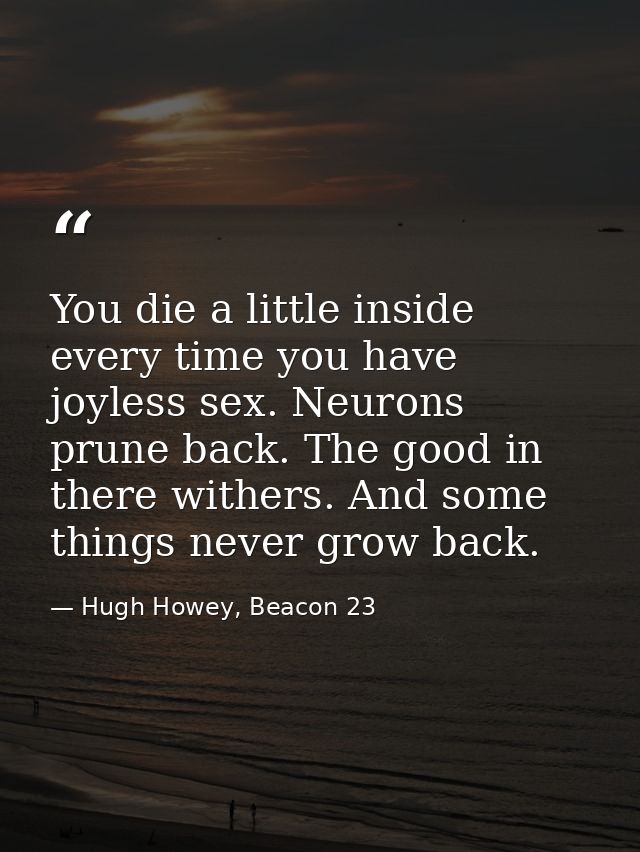 You die a little inside every time you have joyless sex. Neurons prune back. The good in there withers. And some things  — Hugh Howey, Beacon 23