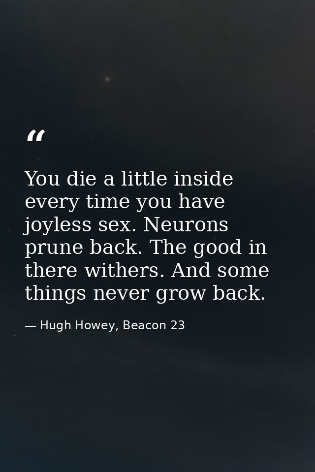 You die a little inside every time you have joyless sex. Neurons prune back. The good in there withers. And some things  — Hugh Howey, Beacon 23