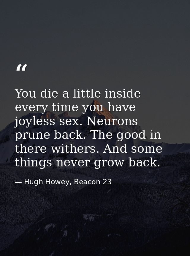 You die a little inside every time you have joyless sex. Neurons prune back. The good in there withers. And some things  — Hugh Howey, Beacon 23