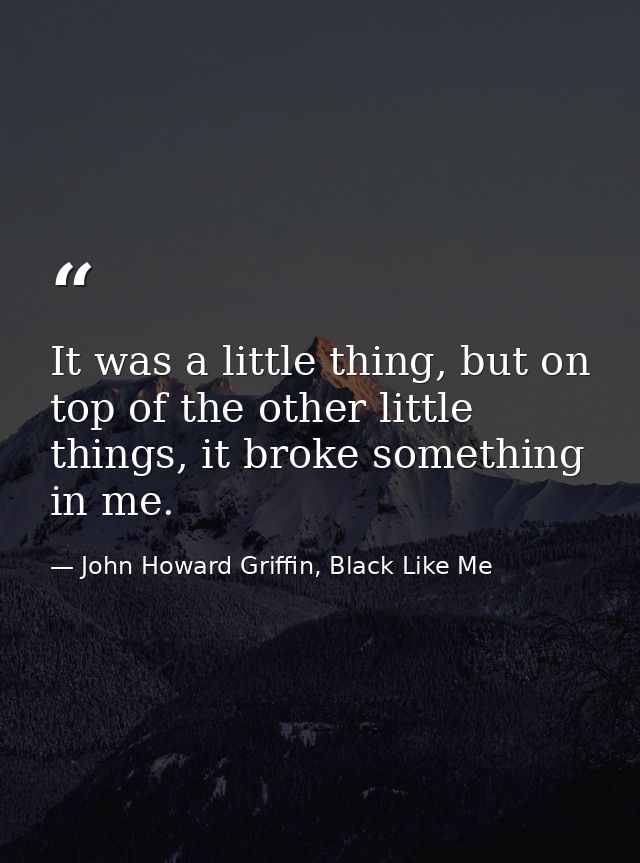 It was a little thing, but on top of the other little things, it broke something in me. — John Howard Griffin, Black Like Me
