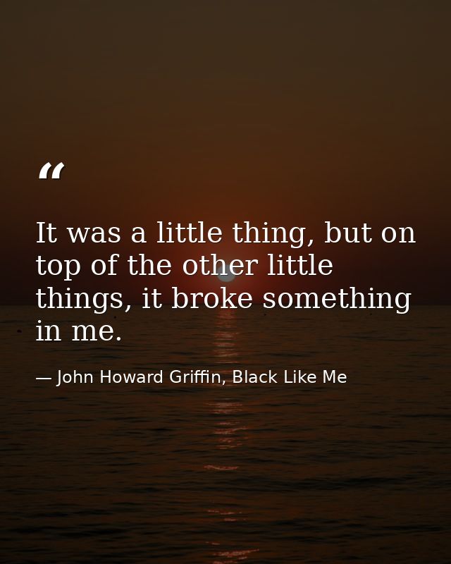 It was a little thing, but on top of the other little things, it broke something in me. — John Howard Griffin, Black Like Me