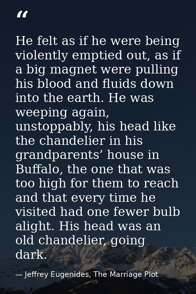 He felt as if he were being violently emptied out, as if a big magnet were pulling his blood and fluids down into the ea — Jeffrey Eugenides, The Marriage Plot