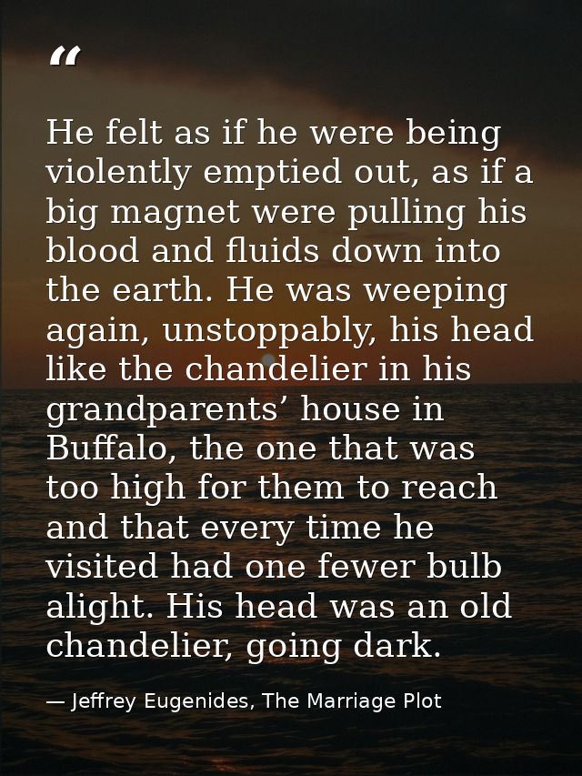 He felt as if he were being violently emptied out, as if a big magnet were pulling his blood and fluids down into the ea — Jeffrey Eugenides, The Marriage Plot