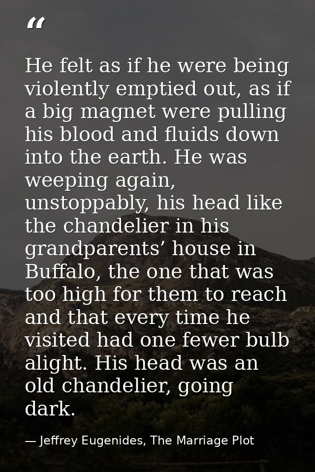 He felt as if he were being violently emptied out, as if a big magnet were pulling his blood and fluids down into the ea — Jeffrey Eugenides, The Marriage Plot
