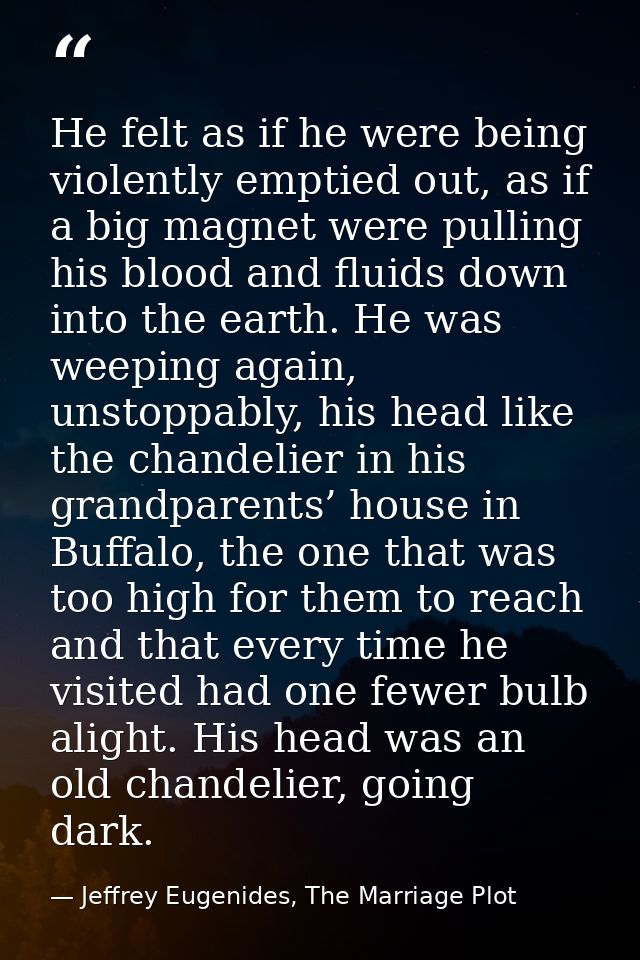 He felt as if he were being violently emptied out, as if a big magnet were pulling his blood and fluids down into the ea — Jeffrey Eugenides, The Marriage Plot