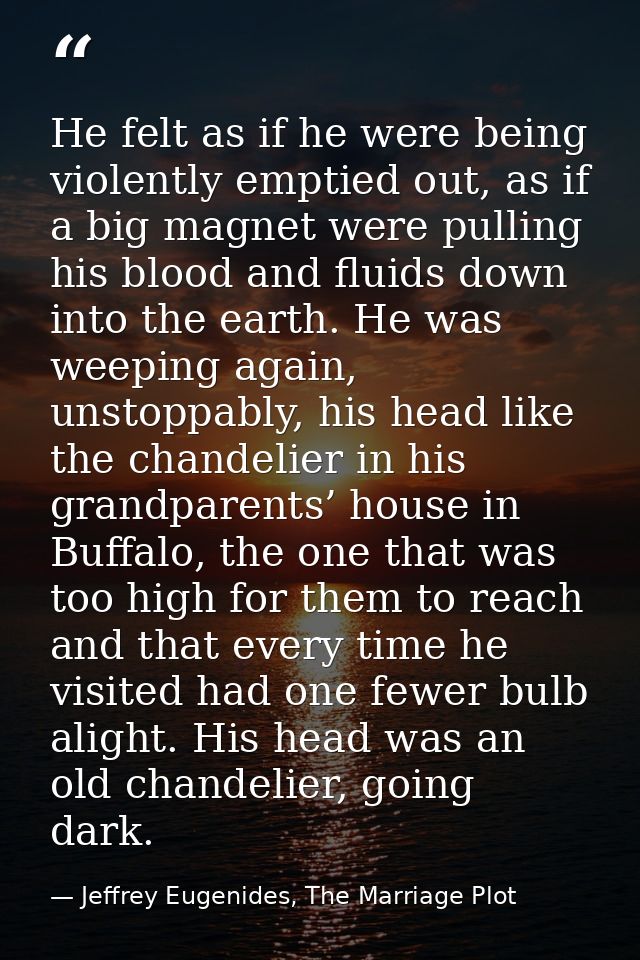 He felt as if he were being violently emptied out, as if a big magnet were pulling his blood and fluids down into the ea — Jeffrey Eugenides, The Marriage Plot