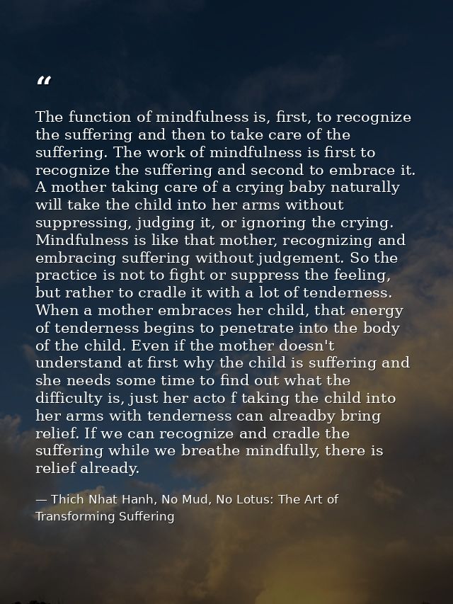 The function of mindfulness is, first, to recognize the suffering and then to take care of the suffering. The work of mi — Thich Nhat Hanh, No Mud, No Lotus: The Art of Transforming Suffering