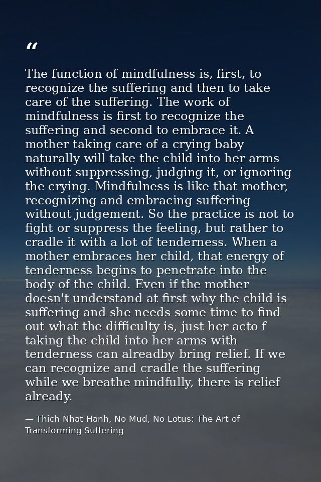 The function of mindfulness is, first, to recognize the suffering and then to take care of the suffering. The work of mi — Thich Nhat Hanh, No Mud, No Lotus: The Art of Transforming Suffering