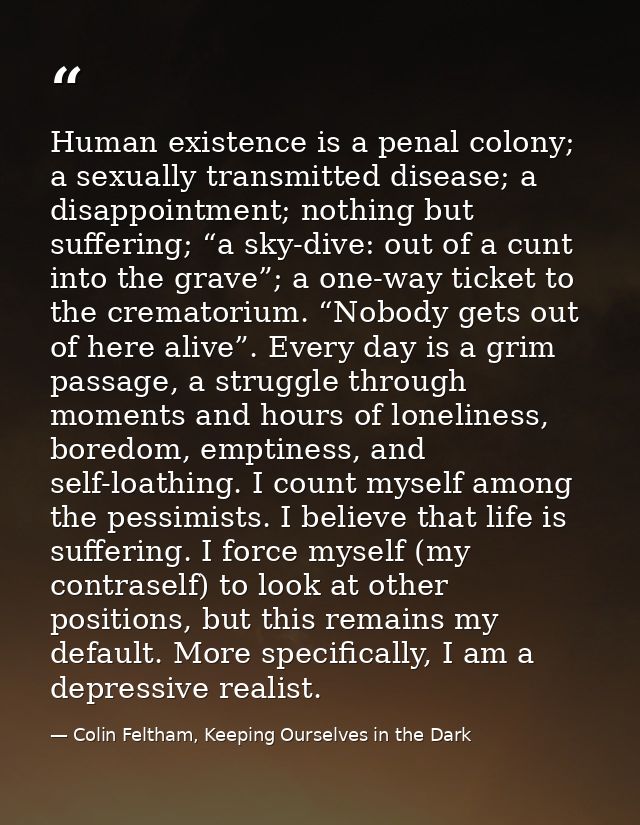 Human existence is a penal colony; a sexually transmitted disease; a disappointment; nothing but suffering; “a sky-dive: — Colin Feltham, Keeping Ourselves in the Dark
