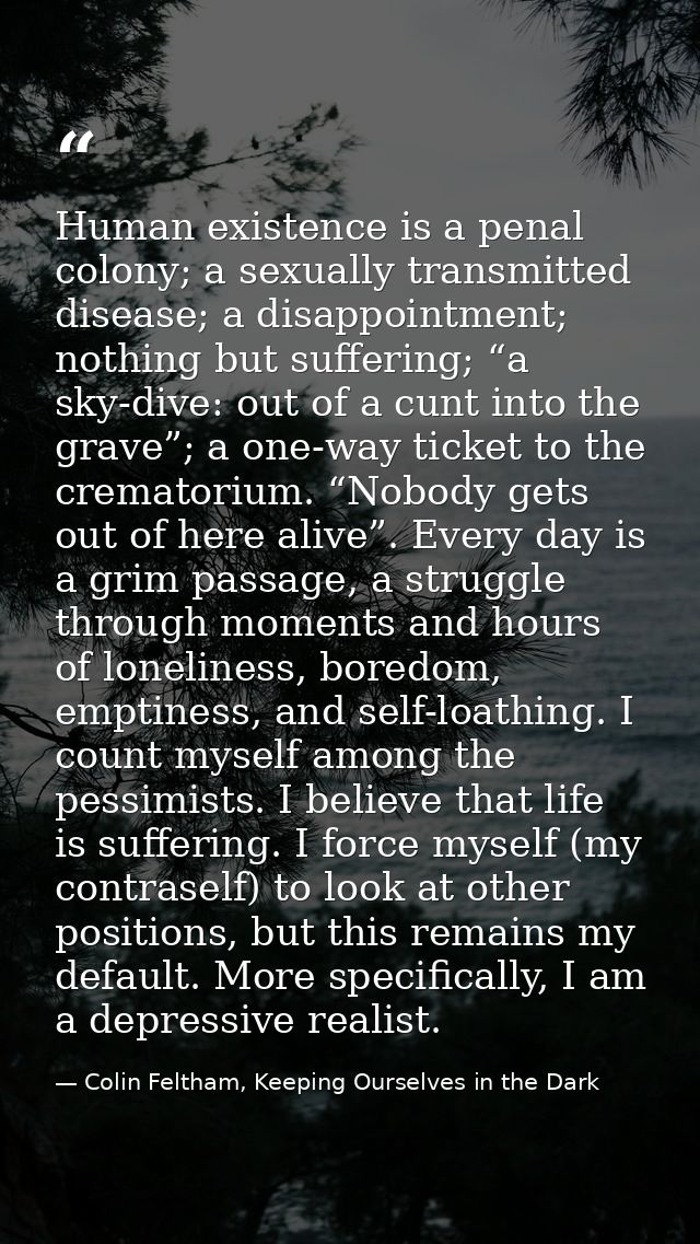 Human existence is a penal colony; a sexually transmitted disease; a disappointment; nothing but suffering; “a sky-dive: — Colin Feltham, Keeping Ourselves in the Dark