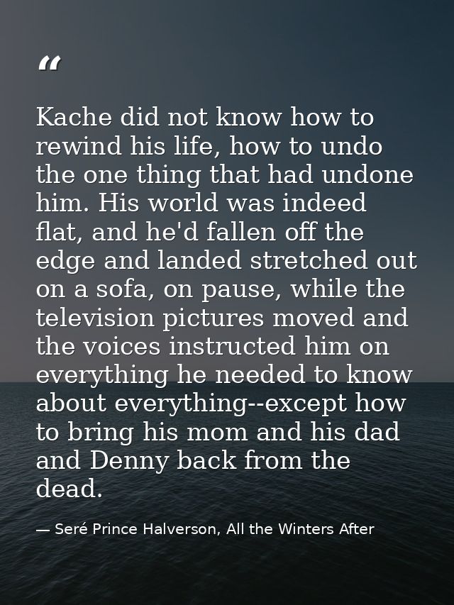 Kache did not know how to rewind his life, how to undo the one thing that had undone him. His world was indeed flat, and — Seré Prince Halverson, All the Winters After