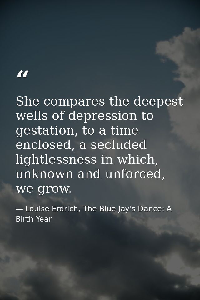 She compares the deepest wells of depression to gestation, to a time enclosed, a secluded lightlessness in which, unknow — Louise Erdrich, The Blue Jay's Dance: A Birth Year