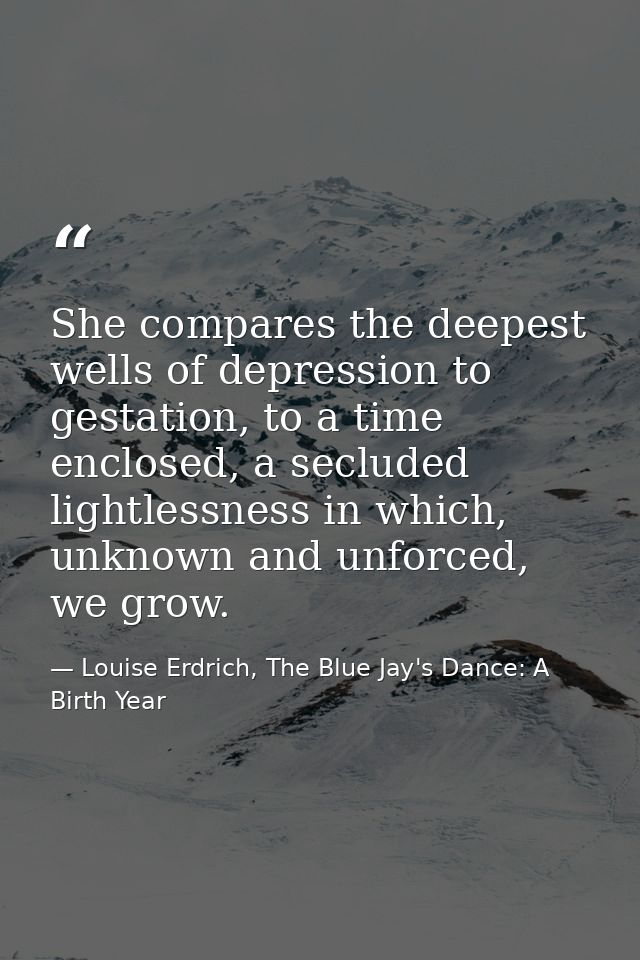 She compares the deepest wells of depression to gestation, to a time enclosed, a secluded lightlessness in which, unknow — Louise Erdrich, The Blue Jay's Dance: A Birth Year