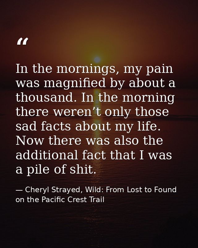 In the mornings, my pain was magnified by about a thousand. In the morning there weren’t only those sad facts about my l — Cheryl Strayed, Wild: From Lost to Found on the Pacific Crest Trail