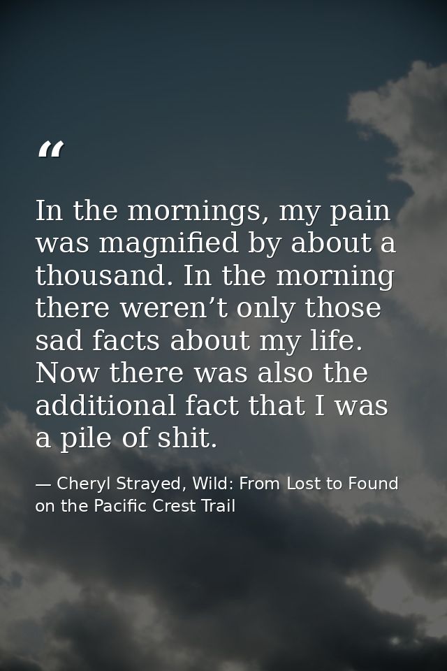In the mornings, my pain was magnified by about a thousand. In the morning there weren’t only those sad facts about my l — Cheryl Strayed, Wild: From Lost to Found on the Pacific Crest Trail