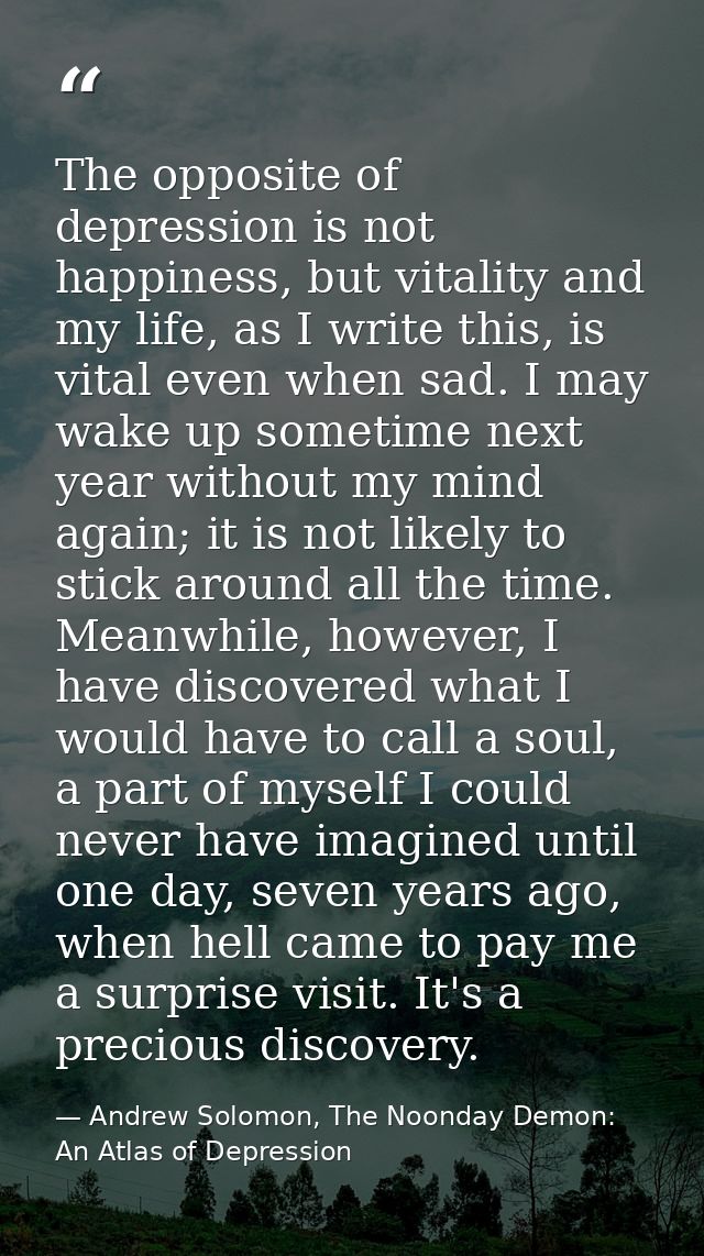 The opposite of depression is not happiness, but vitality and my life, as I write this, is vital even when sad. I may wa — Andrew Solomon, The Noonday Demon: An Atlas of Depression